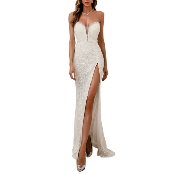 Formal Dress White Sparkle Sequin Mermaid Sweetheart Split Long Maxi Gown Train - Picture 10 of 11